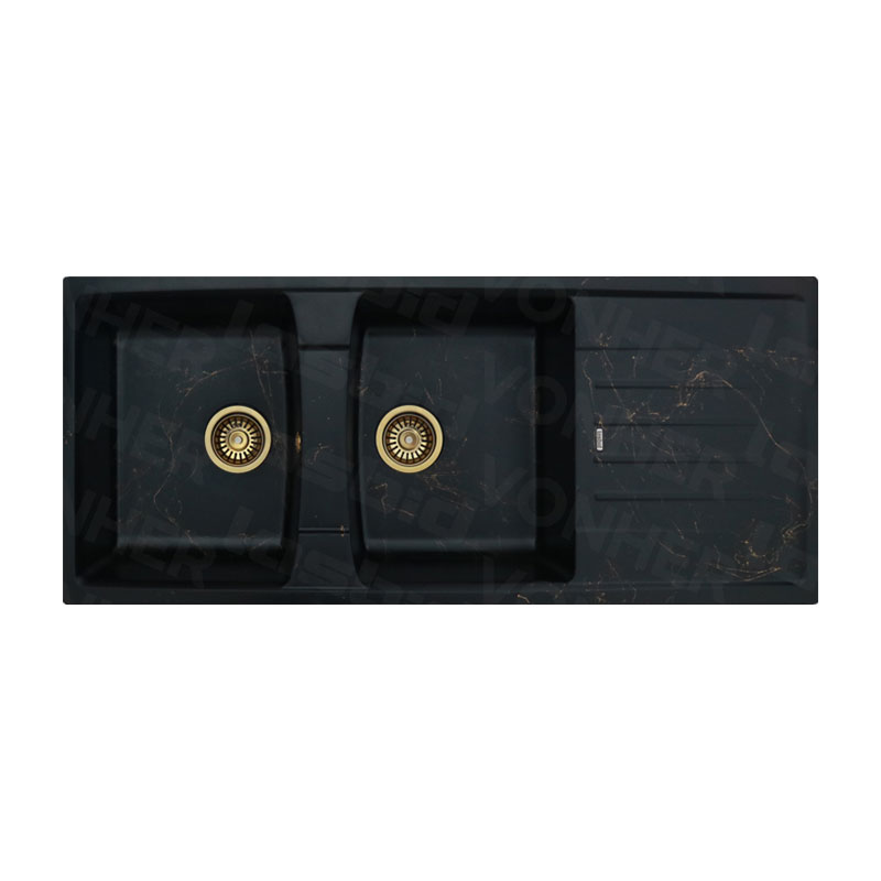سینک گرانیتی لسبید کد 502L دو لگنه طرح رگه‌دار مشکی با آبچکان
